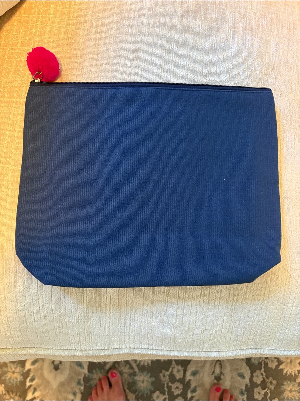 Source Unknown Navy Cosmetic Pouch with Pink Embroidery and Pom - Picture 2 of 4